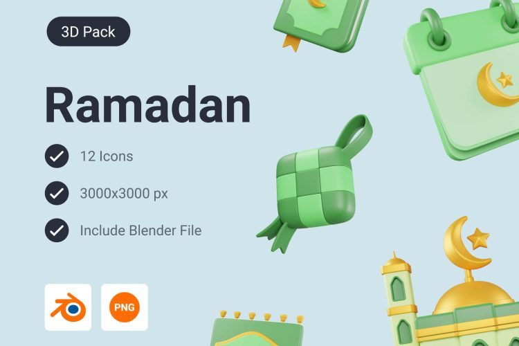 Ramadan and Eid Mubarak 3D Icon Pack 12款斋月开斋节穆巴拉克大尔德广告海报元素3D图标icon素材png免抠图