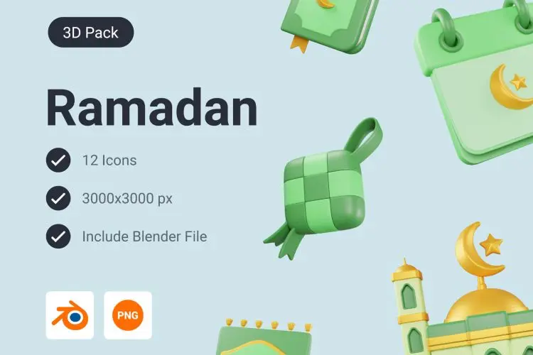 Ramadan and Eid Mubarak 3D Icon Pack 12款斋月开斋节穆巴拉克大尔德广告海报元素3D图标icon素材webp免抠图