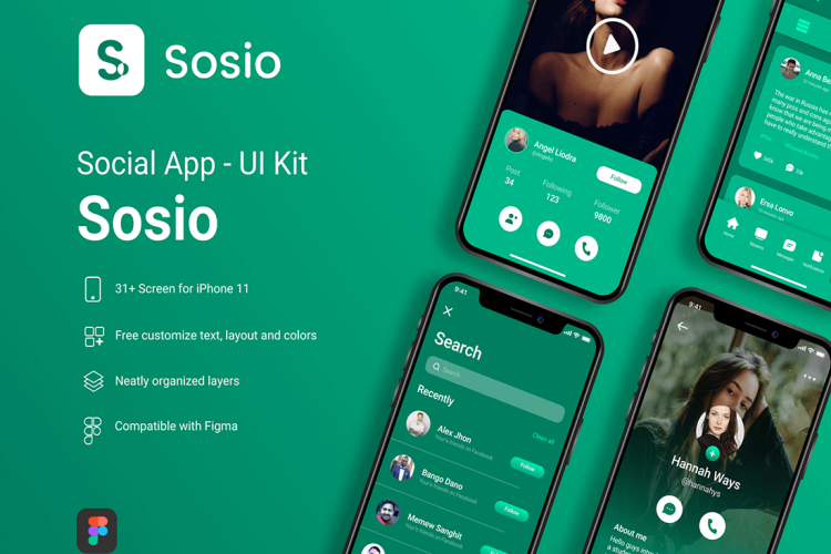 Sosio – Social Application Mobile UI Kit 31屏社交应用移动用户界面工具包