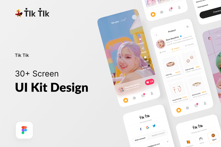 Tik Tik – Social Media UI KIT 30屏国外Tik移动社交媒体app设计用户界面交互UI套件素材模板