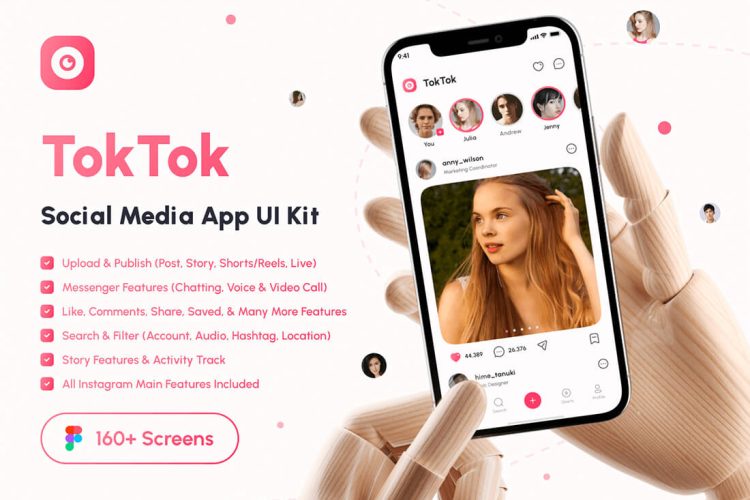 TokTok – Social Media App UI Kit 160屏国外TokTok抖音移动短视频社交平台app界面设计红色UI设计素材