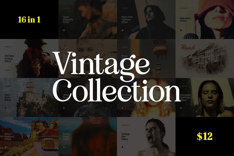 16 in 1 Vintage Photo Effects Bundle 16套复古怀旧磨损做旧颗粒噪点老照片图像滤镜ps样机特效模板合集