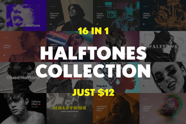 16 in One Halftones Collection 16套潮流艺术复古颗粒怀旧半调照片图像滤镜ps样机特效模板合集