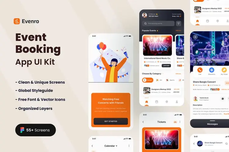 Evenro – Event Booking App 线下社交娱乐活动组织预订手机app界面设计UI套件模板