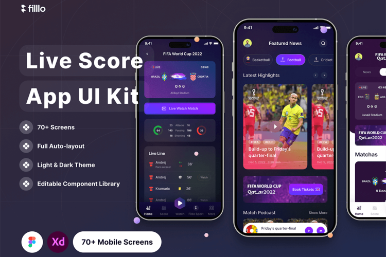 Filllo Live Score App UI Kit 70屏国外体育竞技竞猜资讯报道短视频app用户界面设计ui套件模板