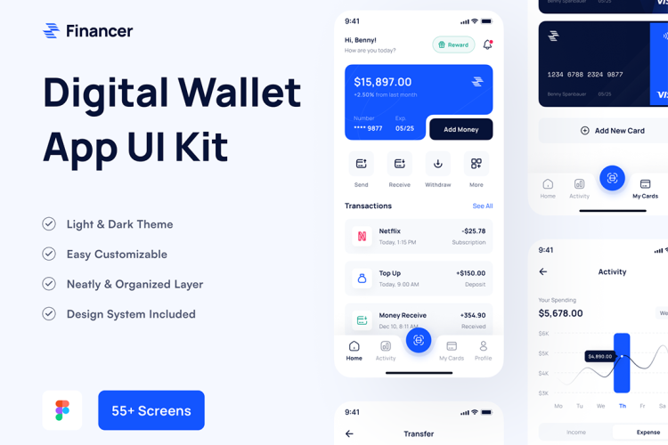 Financer – Financial & Digital Wallet App UI Kit 55屏国外第三方支付金融数字钱包app用户界面设计ui套件模板