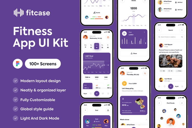 Fitness App UI Kit – Fitcase 100多屏国外在线健身运动教学健康数据跟踪app用户界面设计ui套件模板