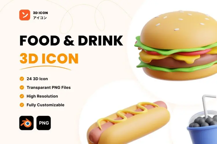 Food & Drink 3D Icon 25款食物饮料快餐甜点卡通3D图标icon素材webp免抠图片设计素材