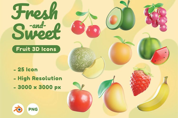 Fruit 3D Icons 25个逼真的3D水果图标icon国外设计素材
