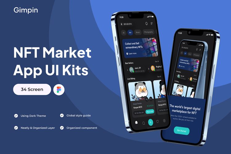 Gimpin – NFT Market Apps UI Kits 34屏国外NFT数字珍藏交易平台用户界面手机金融app设计ui套件模板