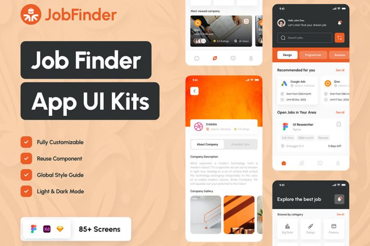 Job Finder Mobile App 85屏高品质国外在线求职应聘招聘找工作app用户界面设计ui套件模板