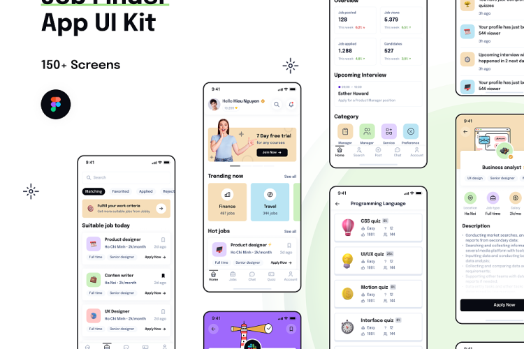 Jobby – Job Finder App UI Kit 150屏国外在线求职找工作应聘招聘app用户界面设计ui套件模板