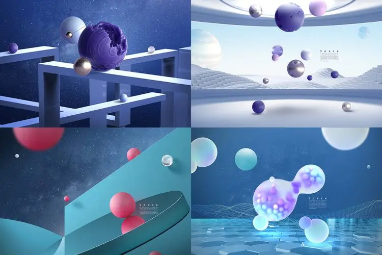 Virtual Space Geometry Poster Template 15款未来虚拟空间抽象宇宙几何海报主视觉KV设计PS分层模板素材