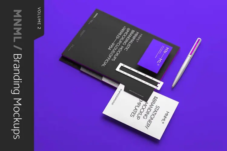 MNML / Branding Mockups Vol. 2 9款时尚简约品牌VI设计商务名片笔记本便签纸设计PS展示贴图样机模板