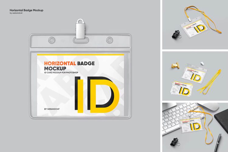 Horizontal ID Badge Mockup 4款横版工作证ID入场证吊牌胸卡设计贴图ps样机素材展示效果图