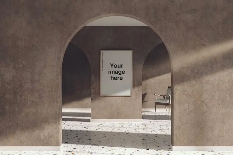 Curved Gallery Scene Mockups 光影文艺弧形拱形画廊场景艺术海报模型设计贴图ps样机素材 6psd