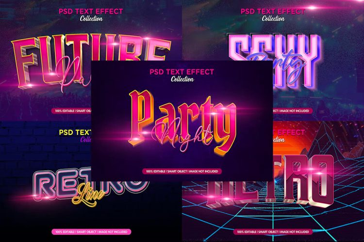 Retro Style Text Effect PSD Template Set 5款复古3D立体霓虹文本ps特效样机素材模板