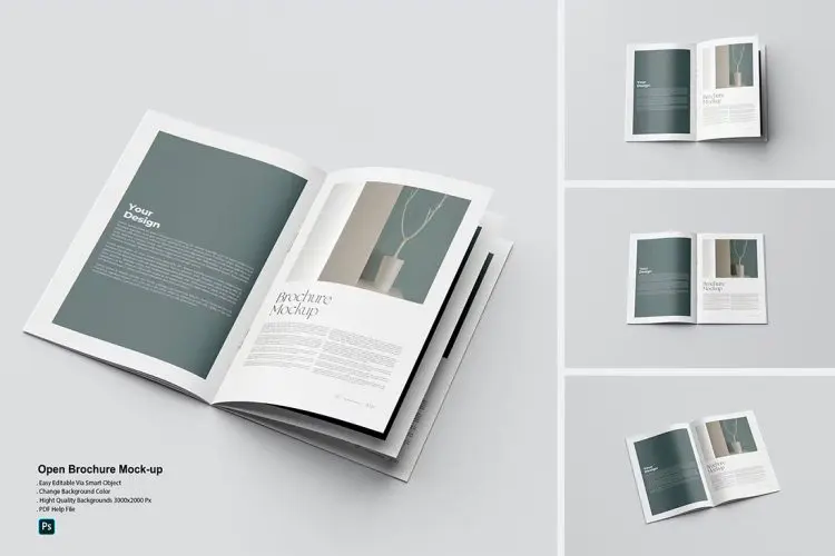 A4-Open Brochure Mockup A4杂志宣传册模型内页翻页设计贴图ps样机素材模板 4psd