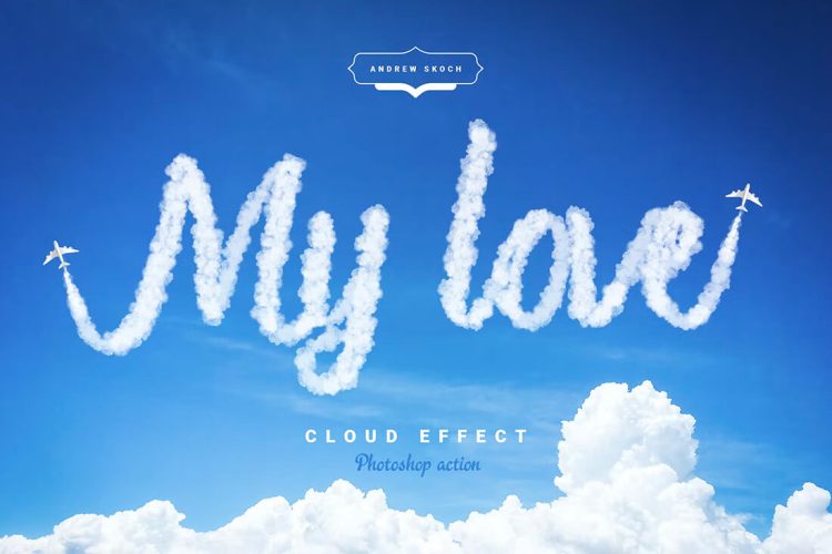 Cloud Text – Photoshop Action 4款白云天空浮云文字云层云朵标题字体特效Photoshop 动作插件模板