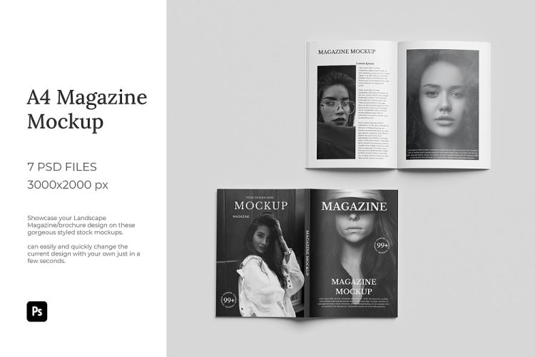 A4 Magazine Mockup 7款A4杂志画册手册封面内页设计作品贴图ps样机素材展示效果图