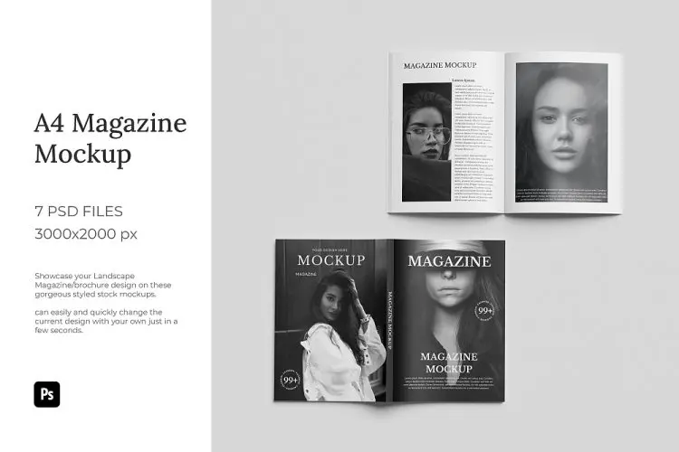 A4 Magazine Mockup 7款A4杂志画册手册封面内页设计作品贴图ps样机素材展示效果图