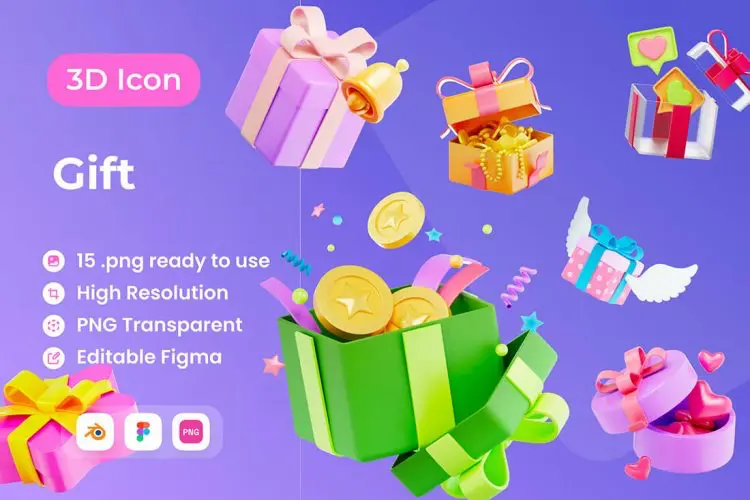 Gift 3D Illustration 15款卡通节日送礼物包装盒3D图标icon设计素材webp免扣图片