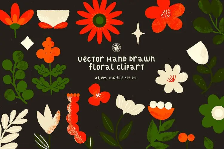 Hand Drawn Vector Floral Clipart Set 20款手绘植物花卉矢量图案插图插画webp免抠图片设计素材