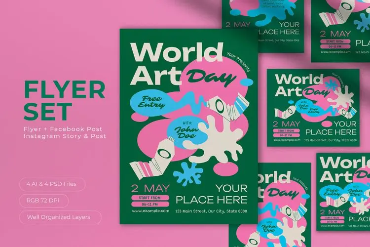 Green Modern World Art Day Flyer Set 社交媒体公众号朋友圈营销图文排版版式设计素材ins模板