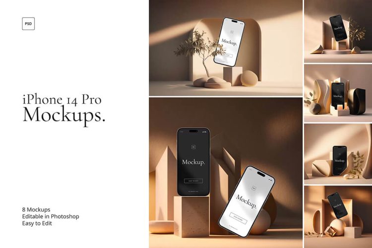 iPhone 14 Pro Elegant Mockups 8款iPhone 14手机广告设计作品贴图ps样机素材极简场景展示效果图
