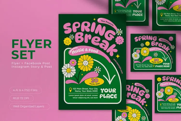 Green Modern World Art Day Flyer Set 绿色卡通社交媒体传单公众号朋友圈营销图文排版版式设计素材ins模板