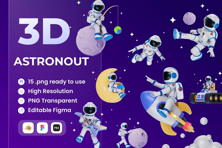 Astronout 3D Illustration 15款太空宇航员宇宙遨游行星作业展示插图插画png免抠图片设计素材