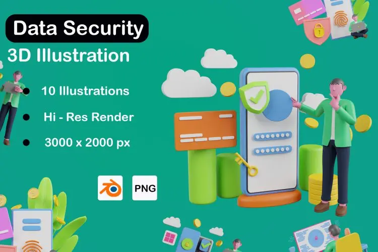 3D Data Security Pack 10款网络安全信息加密终端访问警示效果演示3D插画icon素材webp免抠图片