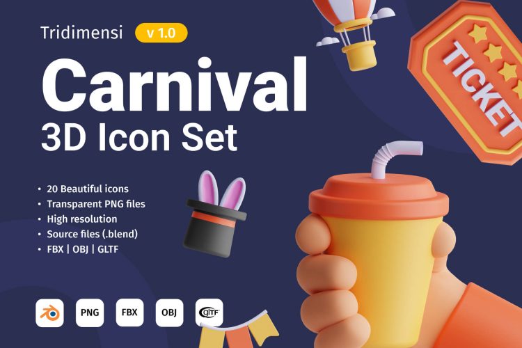 Carnival 3D Icon Set 20款嘉年华庆典派对装饰元素3D图标icon素材png免抠图片