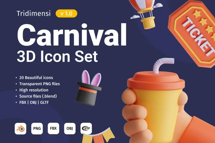 Carnival 3D Icon Set 20款嘉年华庆典派对装饰元素3D图标icon素材webp免抠图片