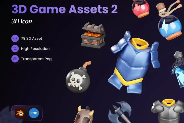 3D Game Asset 2 79个优质的战争游戏主题元素3D图标icon素材webp免抠图文件