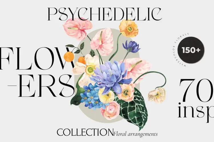 PSYCHEDELIC FLOWERS bright florals 150款复古宫廷水彩绘画手绘鲜花植物花卉webp免抠图片插图插画素材