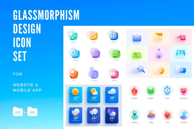 Glassmorphism Icon Set 29款app网页天气健康设计工具类玻璃3D小图标icon矢量设计素材