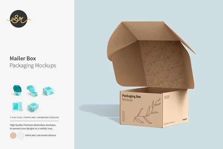 Mailer Box Packaging Mockups 正方形牛皮纸邮寄快递运输包裹包装设计贴图ps样机素材展示模板