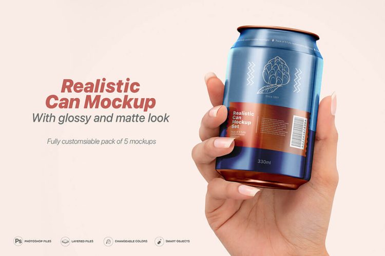 Realistic Can Mockup Set 手持听装咖啡饮料易拉罐产品包装设计贴图ps样机素材展示效果模板