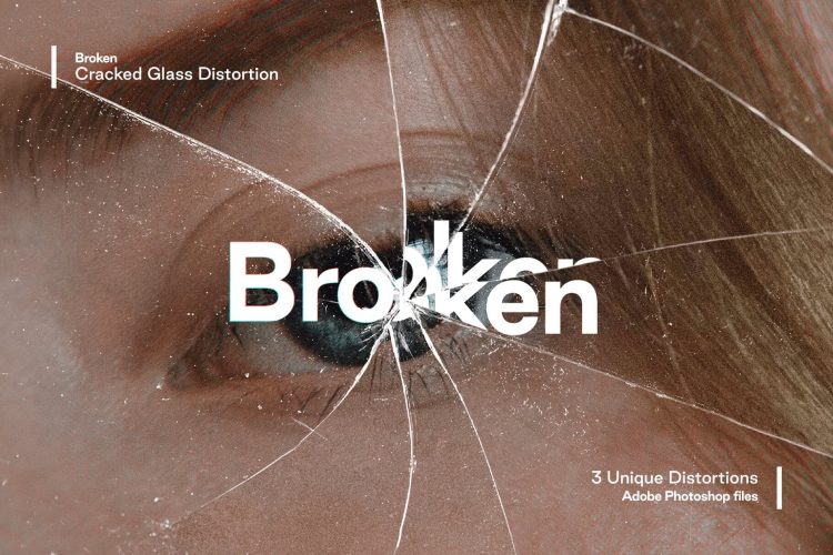 Broken – Cracked Glass Distortions 3款玻璃碎片破损折射图像视觉海报特效生成ps样机素材模板源文件