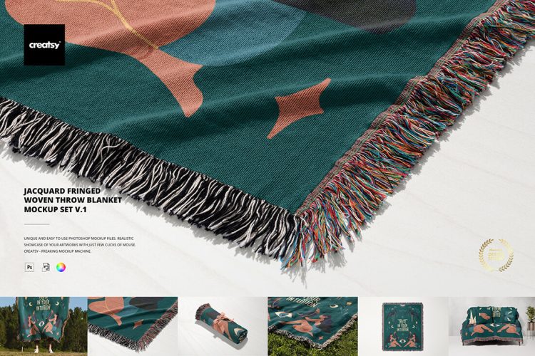 Fringed Woven Throw Blanket Mockup 1 6款流苏毛毯挂毯盖毯提花针织流苏编织机织毯子印花设计展示PSD样机