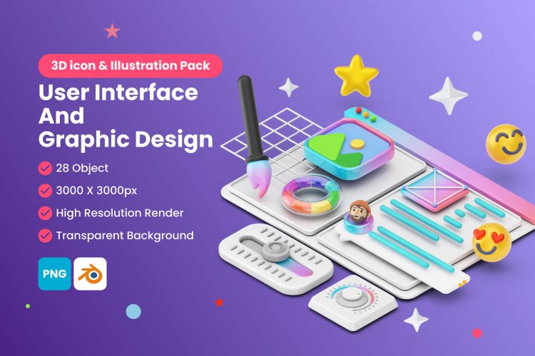 User Interface And Graphic Design 3D Icon & illustration pack 28款3D卡通绘图插画图形设计编辑器icon图标插图png免抠图片素材