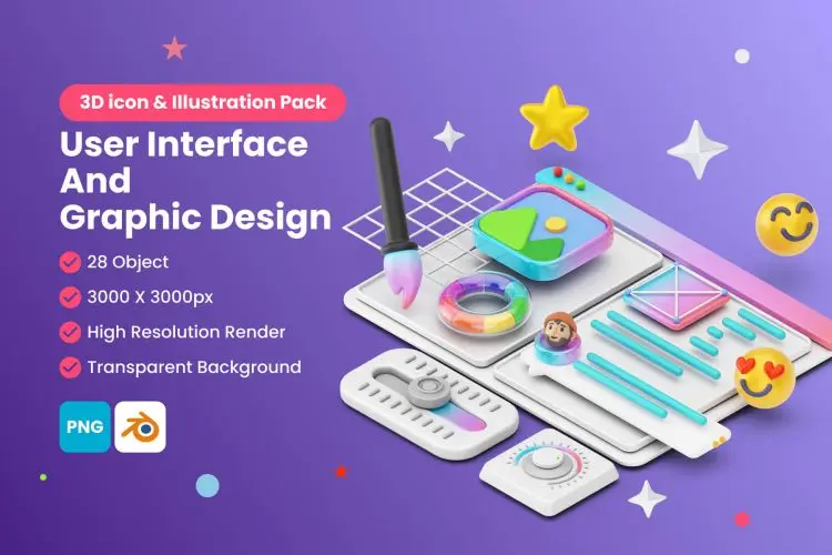 User Interface And Graphic Design 3D Icon & illustration pack 28款3D卡通绘图插画图形设计编辑器icon图标插图webp免抠图片素材