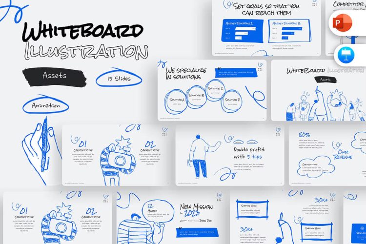 Whiteboard Illustration Assets PowerPoint Template 15页手绘涂鸦人物线框信息图表工作汇报PPT和Keynote演示文稿明暗模板