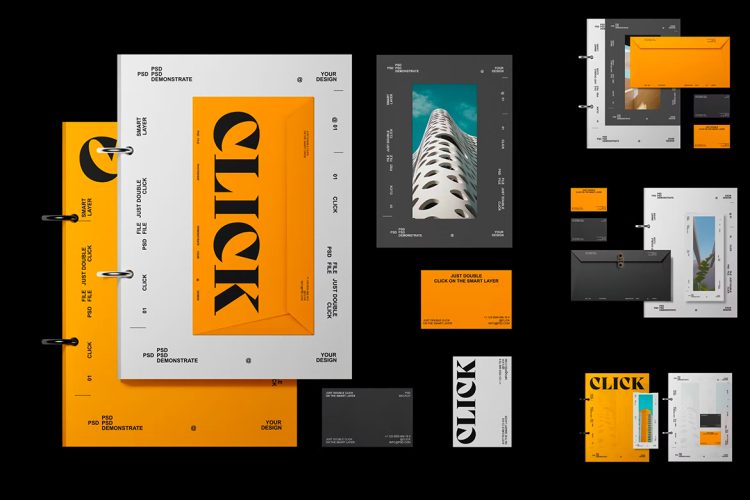 Brand Identity Mockup Set 名片信纸信封文件夹文具品牌形象VI应用设计作品贴图ps样机素材