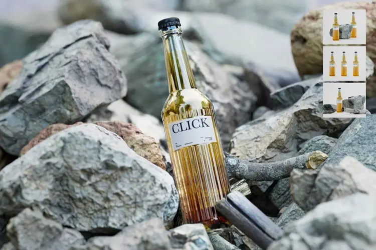 Beer Bottle Mockup 4款苏打水汽酒啤酒玻璃瓶产品包装设计ps样机素材场景展示效果图
