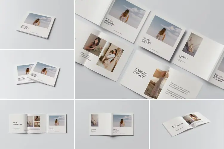 Square Magazine Mockup 6款正方形杂志画册手册宣传册设计作品贴图ps样机素材展示效果图