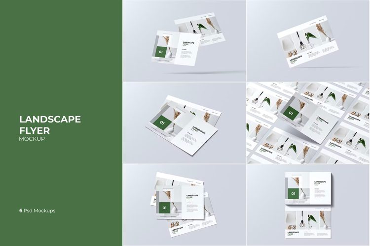 Landscape Flyer Mockup 品牌营销推广横版小册子传单模型设计贴图ps样机素材模板 6psd