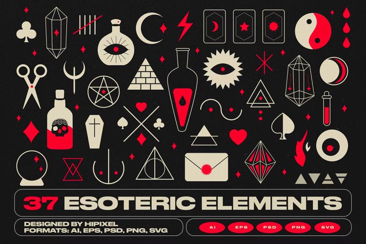 37 Magical Esoteric Elements 37款波希米亚神秘占星术塔罗牌魔法巫术矢量插图插画图片设计素材