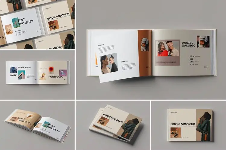 Landscape Book Mockup 横版硬面精装画册书籍封面内页设计作品贴图ps样机素材展示效果图